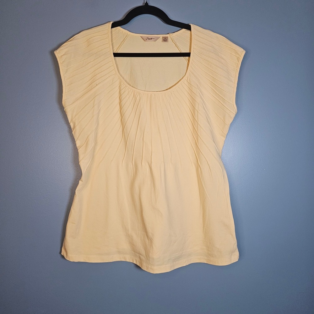 Motto Womens Yellow Pleated Short Sleeve Scoop Neck Top Size M